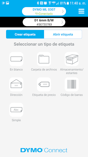 Captura de pantalla de DYMO Connect