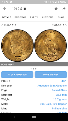 Captura de pantalla de PCGS CoinFacts - U.S. Coin Val