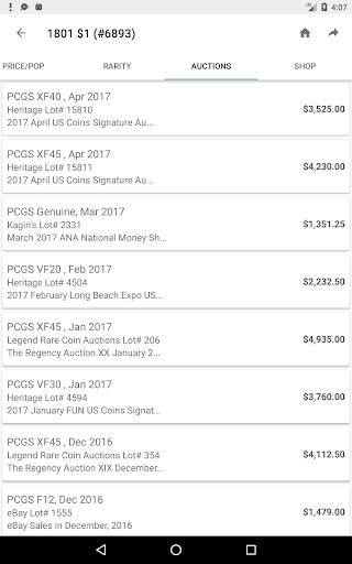 Captura de pantalla de PCGS CoinFacts - U.S. Coin Val