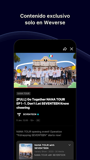 Captura de pantalla de Weverse, Acércate a tu artista