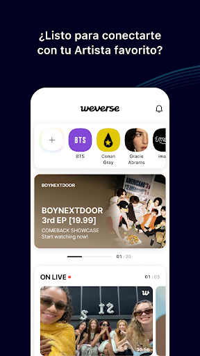 Captura de pantalla de Weverse, Acércate a tu artista