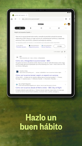 Captura de pantalla de Ecosia: Busca, planta árboles.