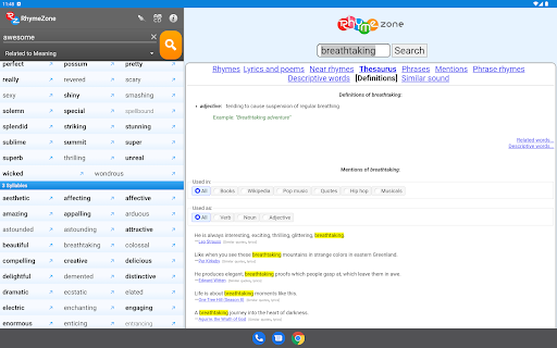 Captura de pantalla de RhymeZone Rhyming Dictionary