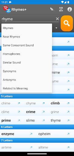 Captura de pantalla de RhymeZone Rhyming Dictionary