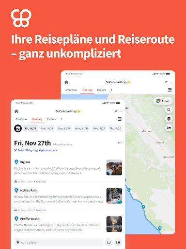Wanderlog reisen routenplaner Screenshot
