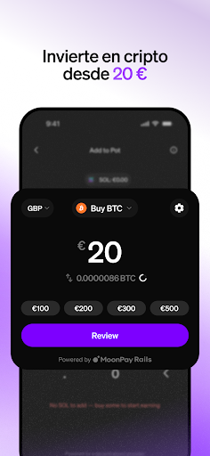 Captura de pantalla de MoonPay: Cripto y Bitcoin