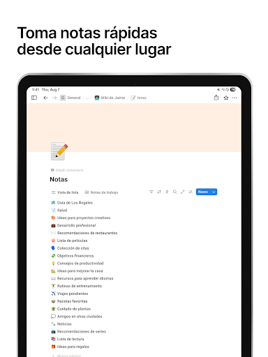 Captura de pantalla de Notion: Notas, tareas e IA
