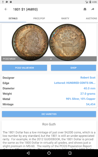 Captura de pantalla de PCGS CoinFacts - U.S. Coin Val