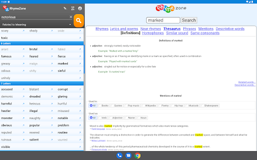 Captura de pantalla de RhymeZone Rhyming Dictionary