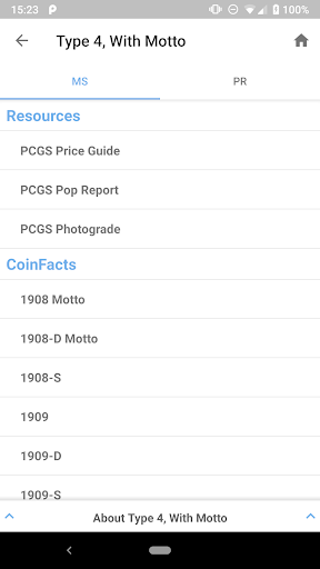 Captura de pantalla de PCGS CoinFacts - U.S. Coin Val