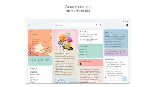 Captura de pantalla de Google Keep: notas y listas