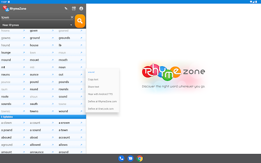 Captura de pantalla de RhymeZone Rhyming Dictionary