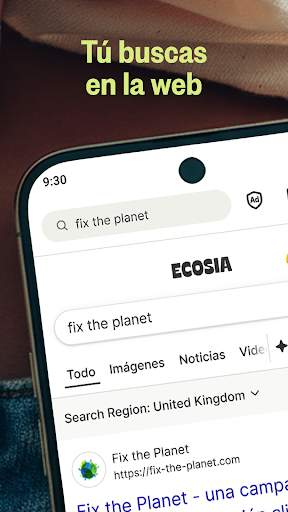 Captura de pantalla de Ecosia: Busca, planta árboles.