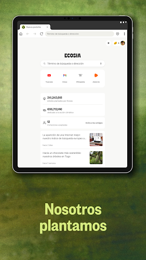 Captura de pantalla de Ecosia: Busca, planta árboles.