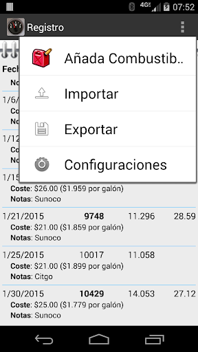 Captura de pantalla de FillUp Registro de Combustible