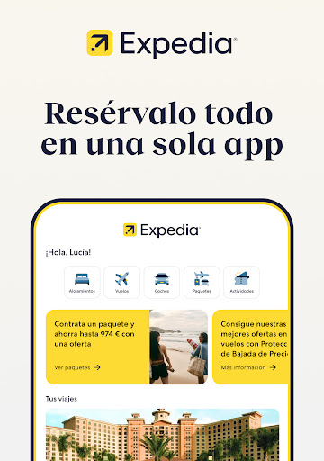Captura de pantalla de Expedia: viaje, hotel, vuelo