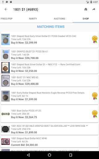 Captura de pantalla de PCGS CoinFacts - U.S. Coin Val