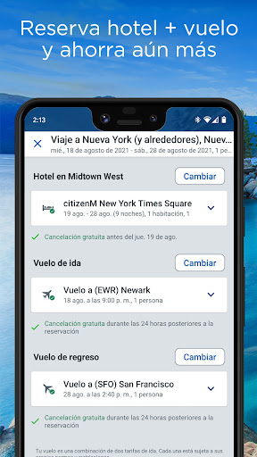 Captura de pantalla de Travelocity hotel y vuelo
