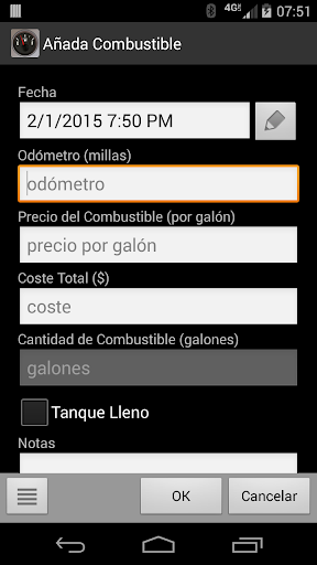 Captura de pantalla de FillUp Registro de Combustible