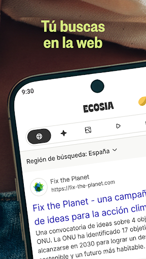 Captura de pantalla de Ecosia: Busca, planta árboles.