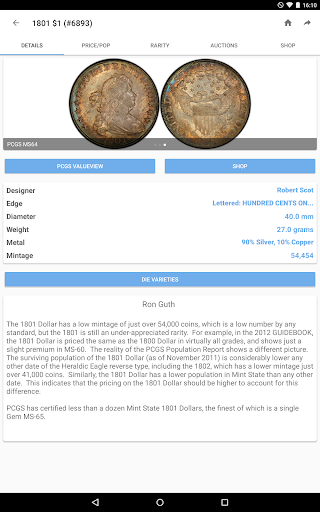Captura de pantalla de PCGS CoinFacts - U.S. Coin Val
