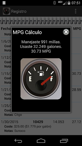 Captura de pantalla de FillUp Registro de Combustible