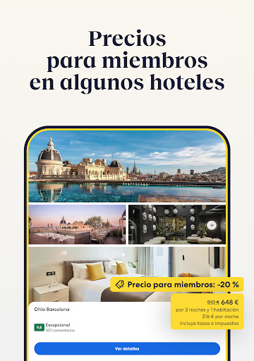 Captura de pantalla de Expedia: viaje, hotel, vuelo