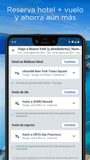 Captura de pantalla de Travelocity hotel y vuelo