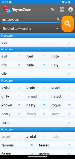 Captura de pantalla de RhymeZone Rhyming Dictionary