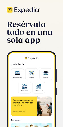 Captura de pantalla de Expedia: viaje, hotel, vuelo