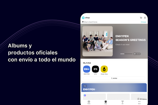 Captura de pantalla de Weverse, Acércate a tu artista