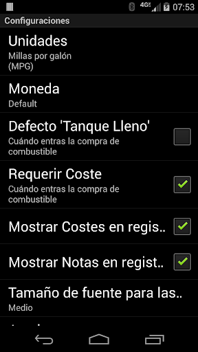 Captura de pantalla de FillUp Registro de Combustible