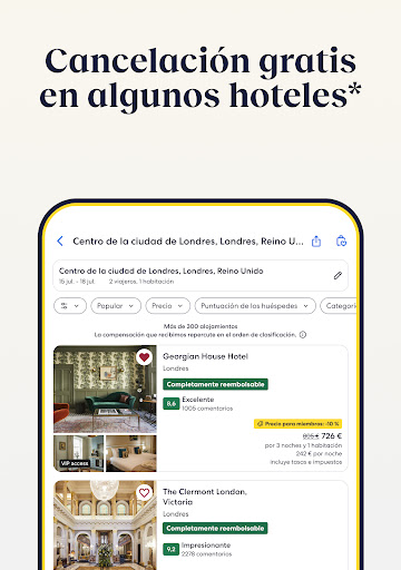 Captura de pantalla de Expedia: viaje, hotel, vuelo