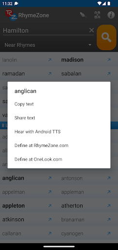 Captura de pantalla de RhymeZone Rhyming Dictionary