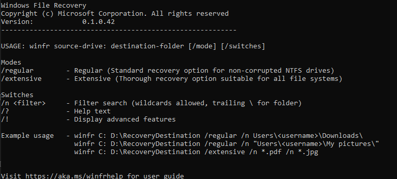 Windows File Recovery screenshot