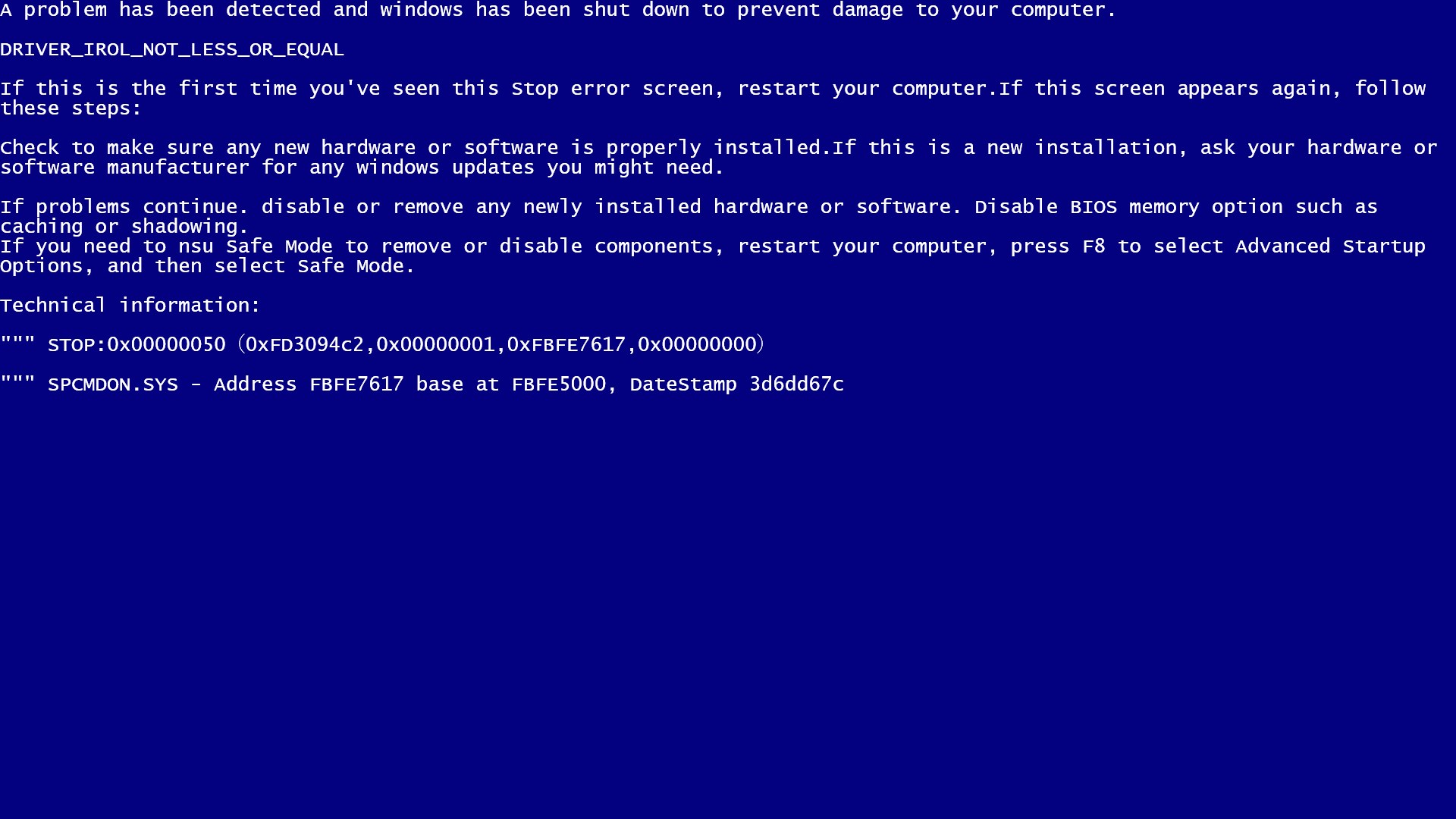 Blue screen emulator screenshot