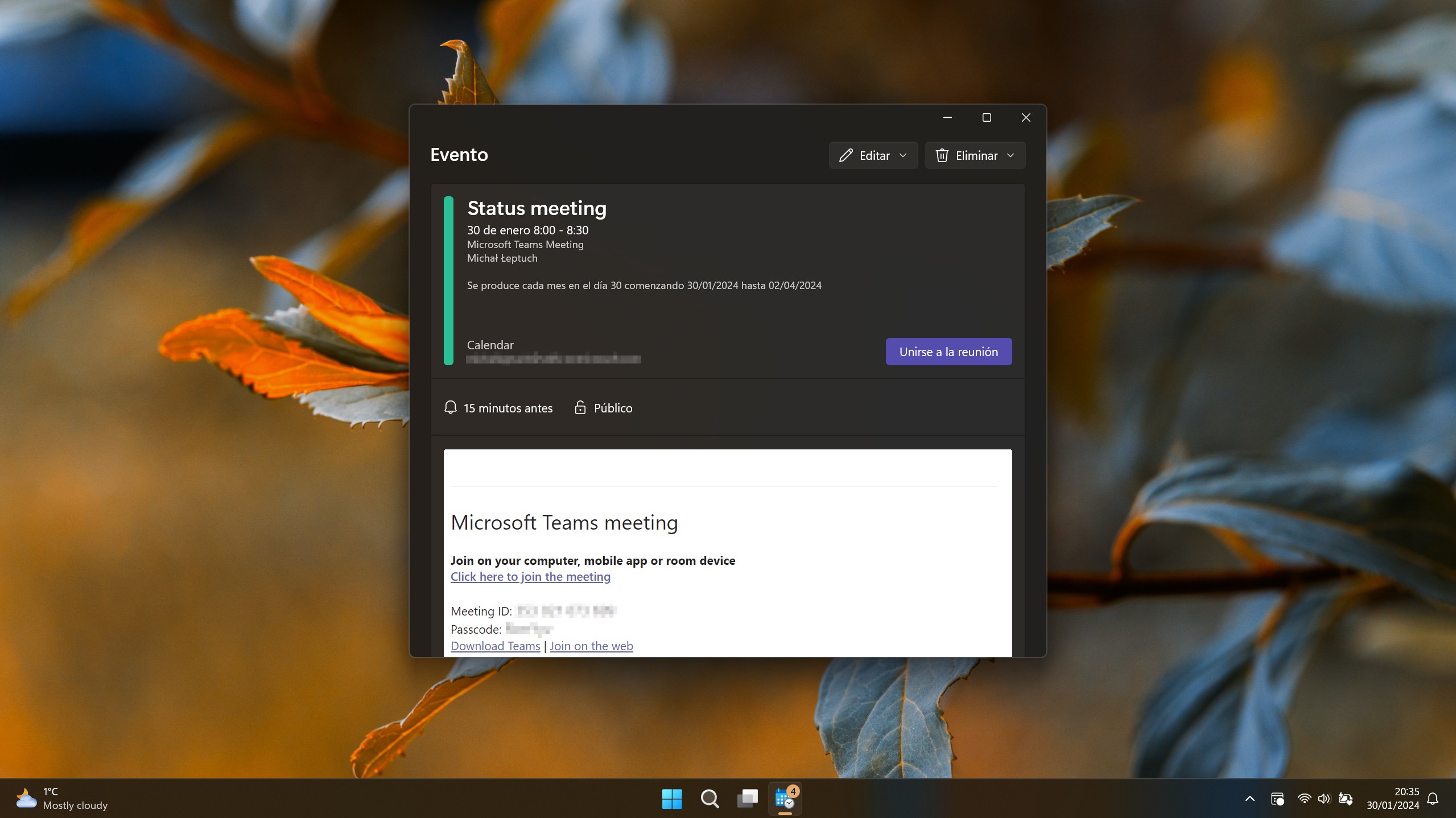 Captura de pantalla de Calendar Flyout