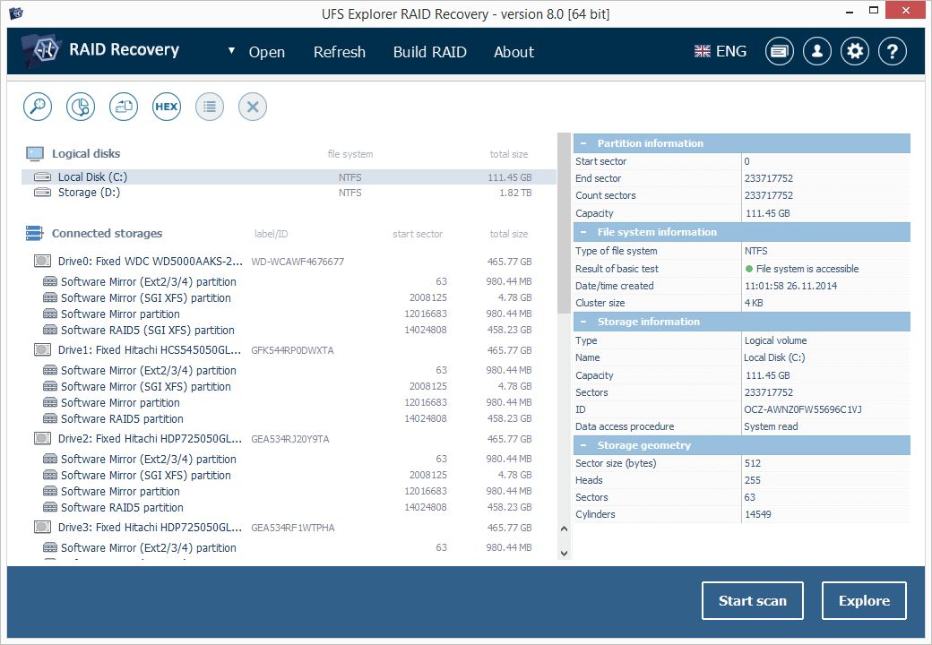 Captura de pantalla de UFS Explorer RAID Recovery