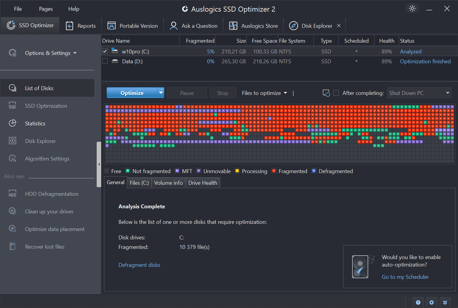 Captura de pantalla de Auslogics SSD Optimizer