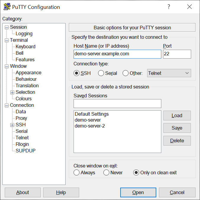 Captura de pantalla de PuTTY