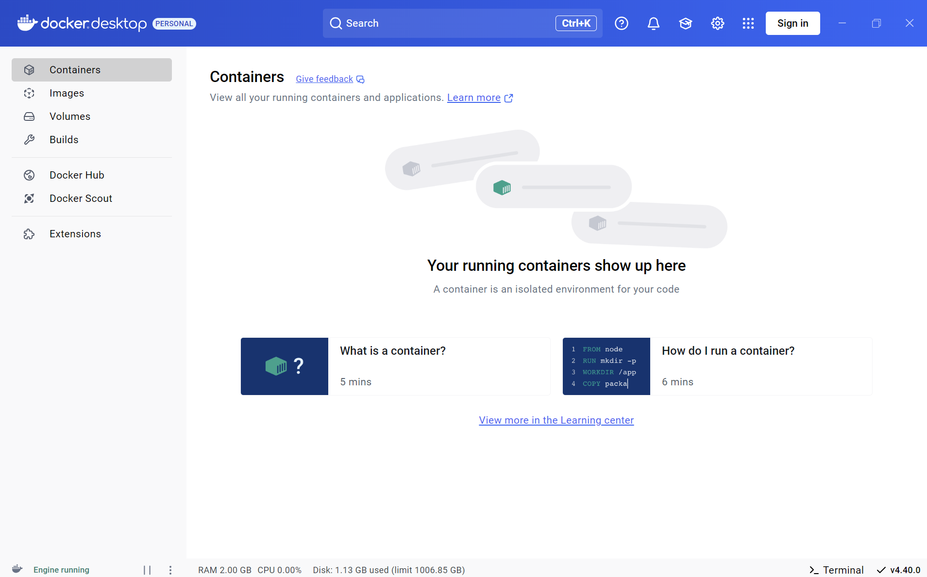 Captura de pantalla de Docker Desktop