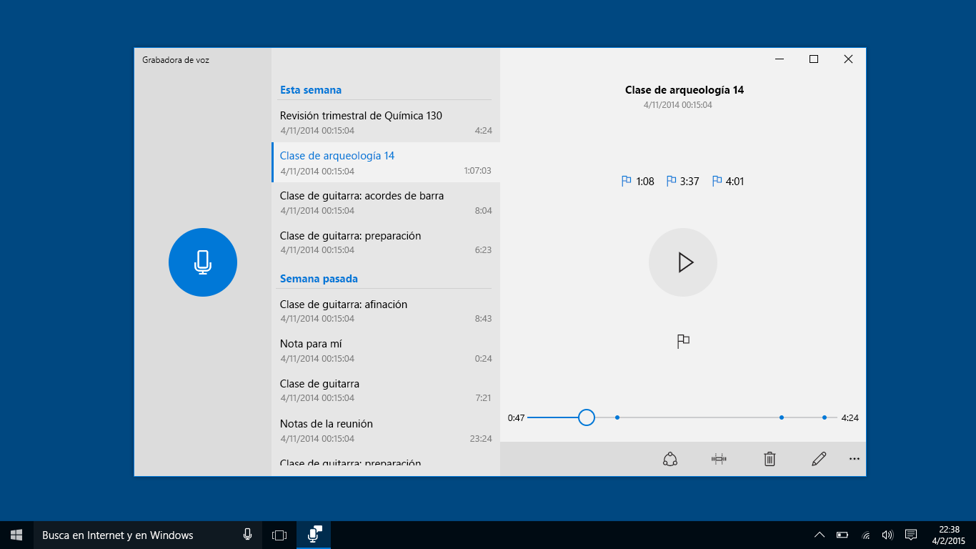 Captura de pantalla de Grabadora de voz de Windows