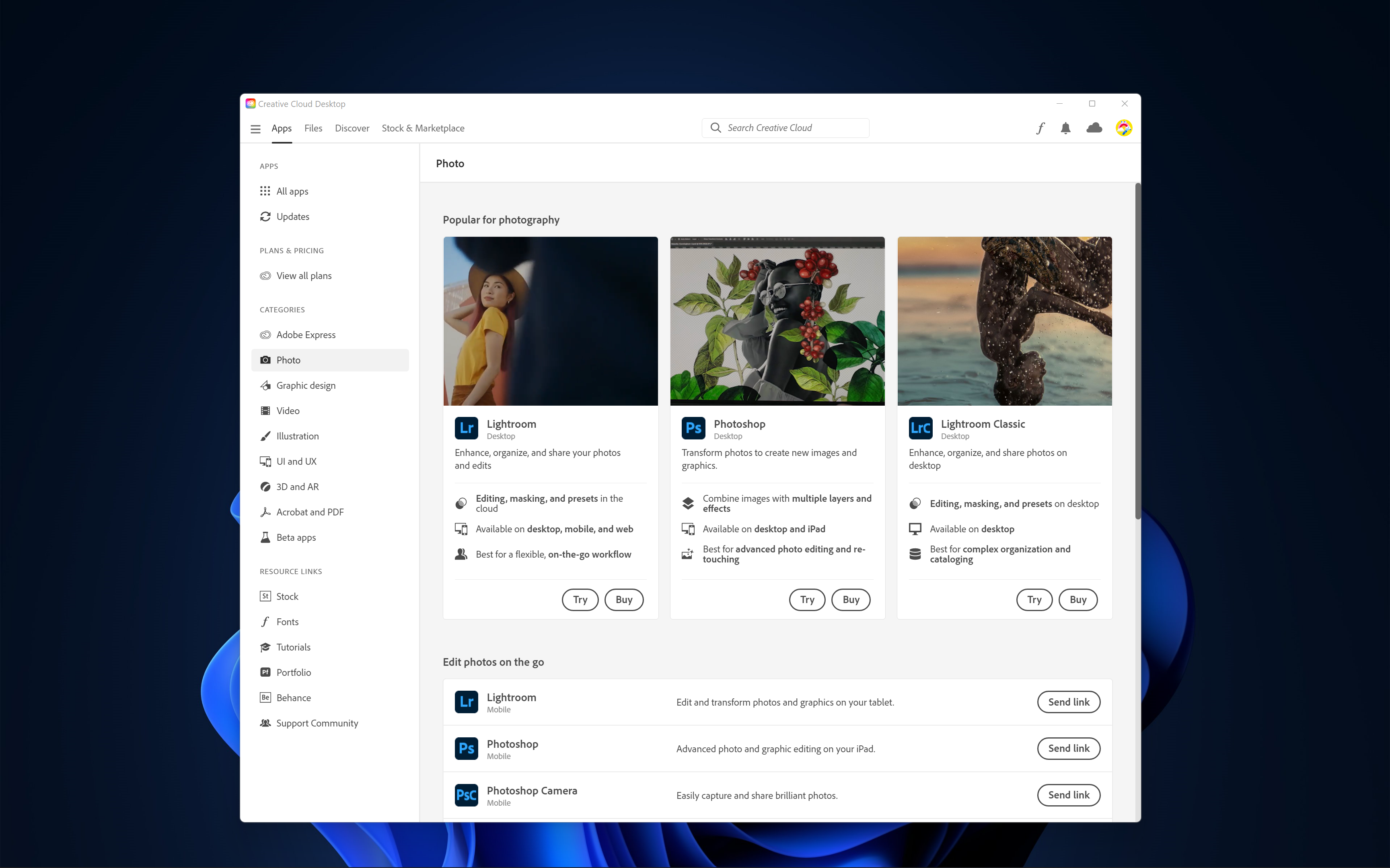 Captura de pantalla de Adobe Creative Cloud