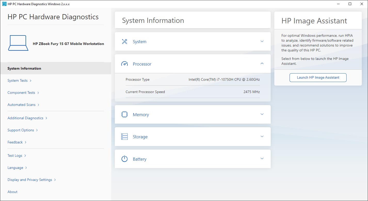 Captura de pantalla de HP PC Hardware Diagnostics Windows
