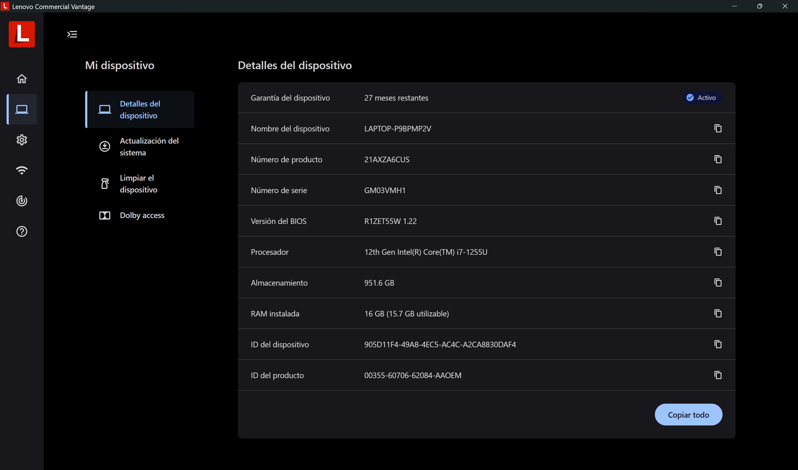 Captura de pantalla de Lenovo Commercial Vantage