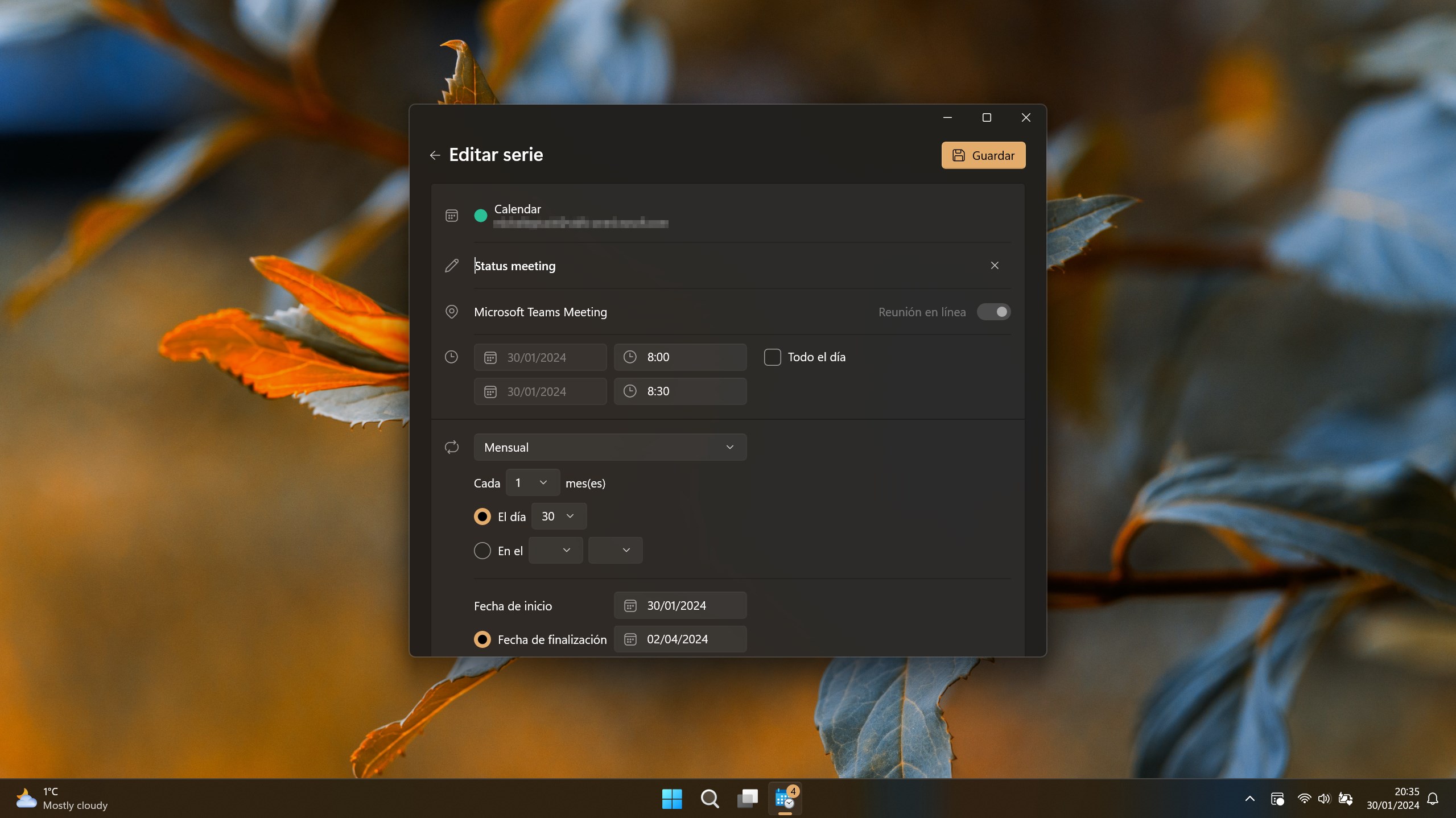 Captura de pantalla de Calendar Flyout