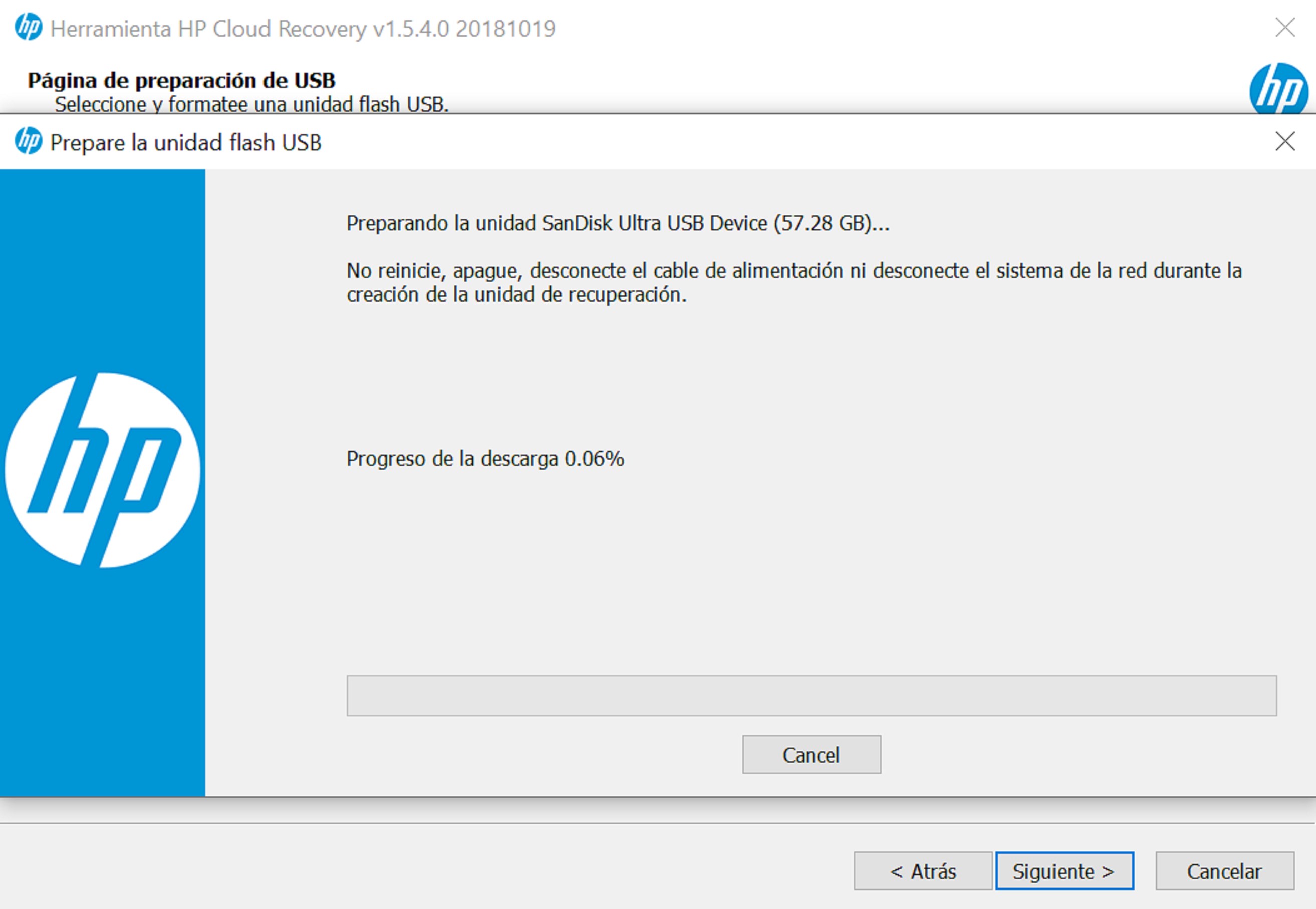Captura de pantalla de HP Cloud Recovery Tool