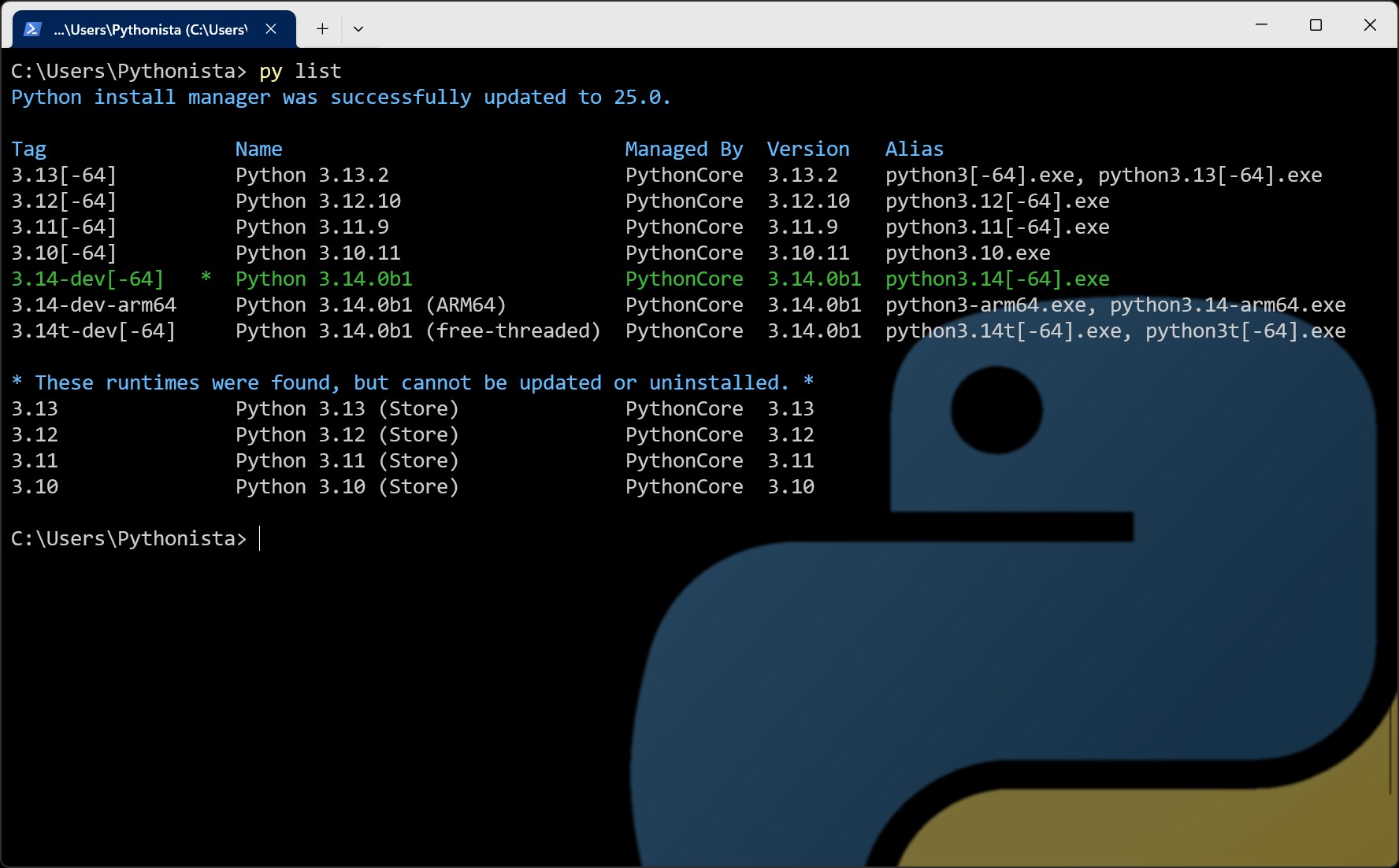 Captura de pantalla de Python Install Manager