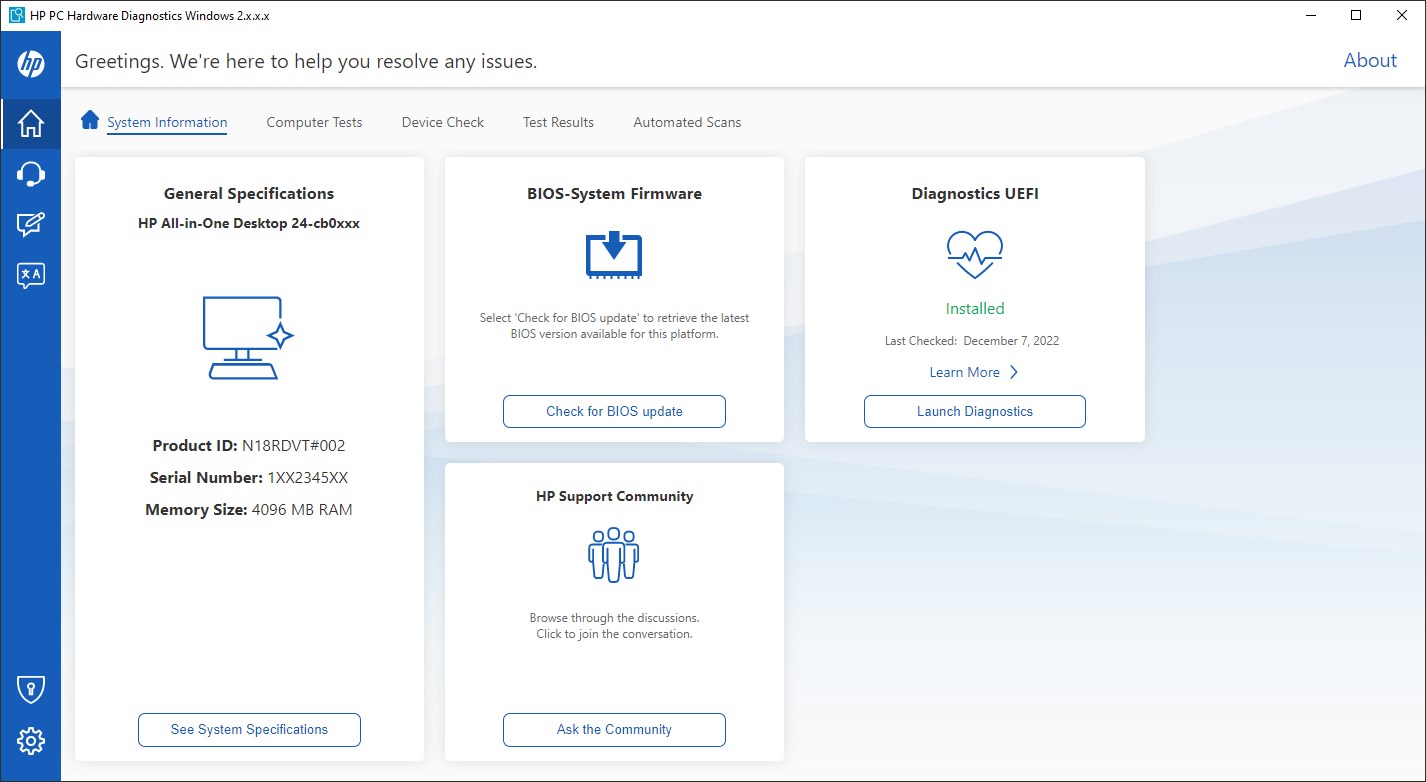 Captura de pantalla de HP PC Hardware Diagnostics Windows