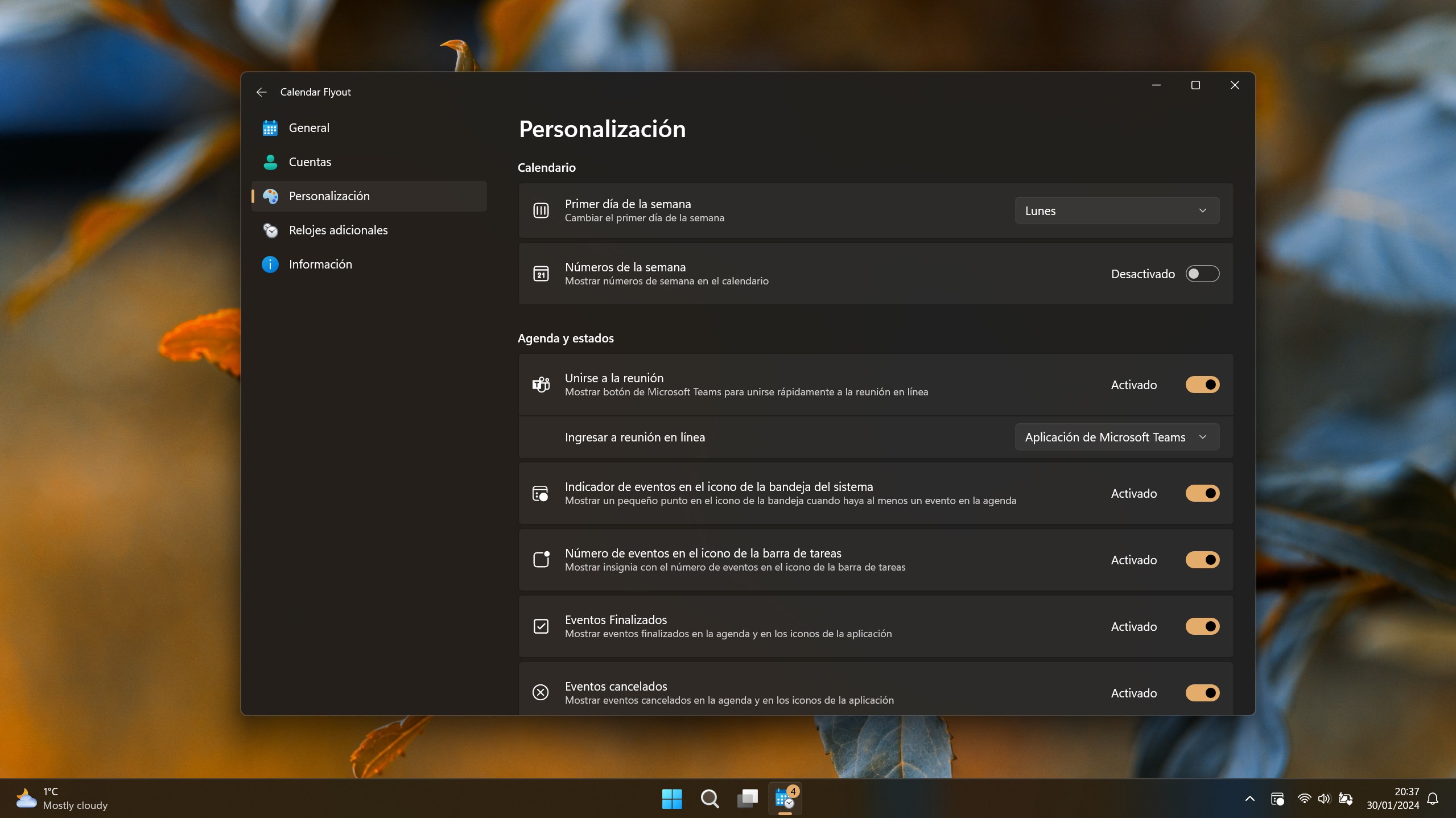 Captura de pantalla de Calendar Flyout